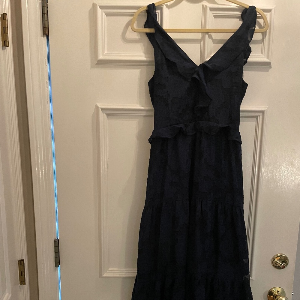 Heartloom Navy Blue Ruffle Midi Dress – Size L – Worn Twice
